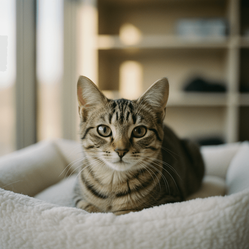 Danny, a young cat living with an intrahepatic liver shunt at Friends of Cats